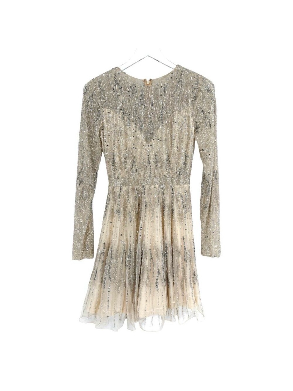 MAC DUGGAL Dress Size 4 Long Sleeve Sequin Cocktail NEW Mini Cream Silver - Picture 3 of 7